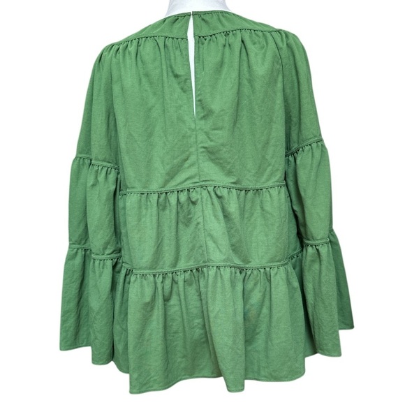 Rebecca Taylor Womens Green Tiered Pique Bell Sleeve Top Princess Boho Flowing - Picture 3 of 7